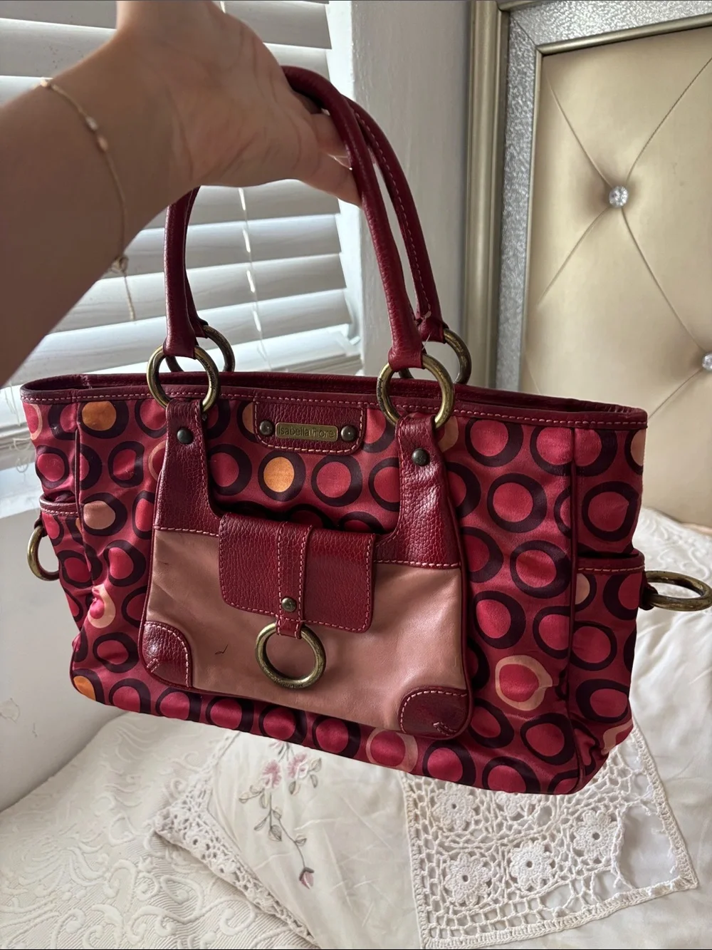 Isabella Fiore Red and Pink Circle-Print Tote with Ring Detail